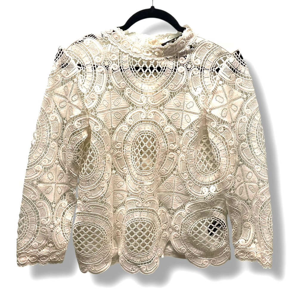 Anthropologie James Coviello Lace Medallion Mockneck Blouse Cream M